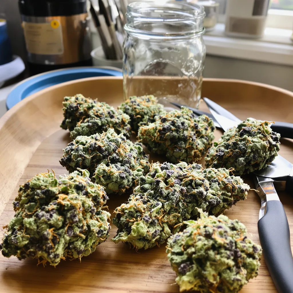 Aurora Borealis 49% indica / 51% sativa flower with visible trichomes