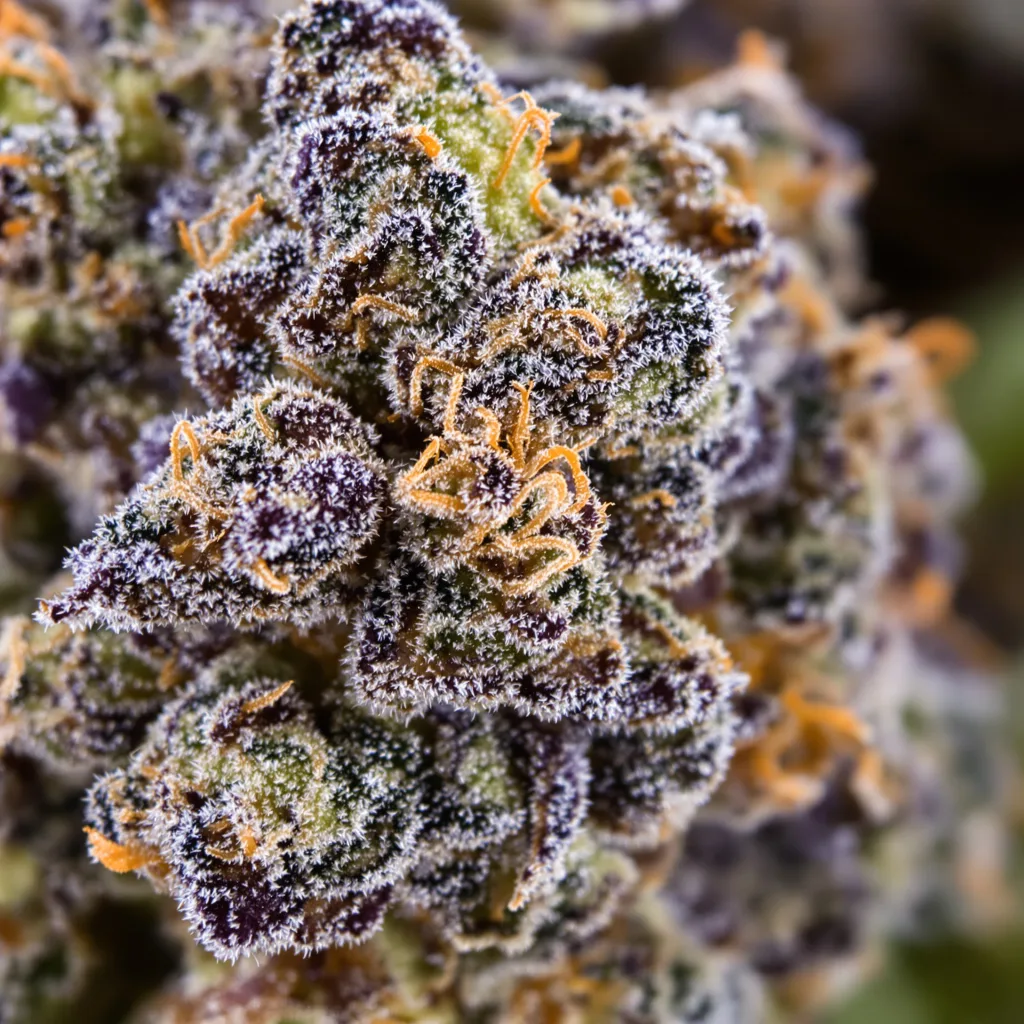 Aurora cannabis bud close-up showing dense purple-tinged calyxes