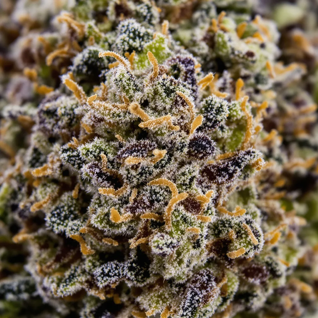 Avalon cannabis bud close-up showing dense purple-tinged calyxes