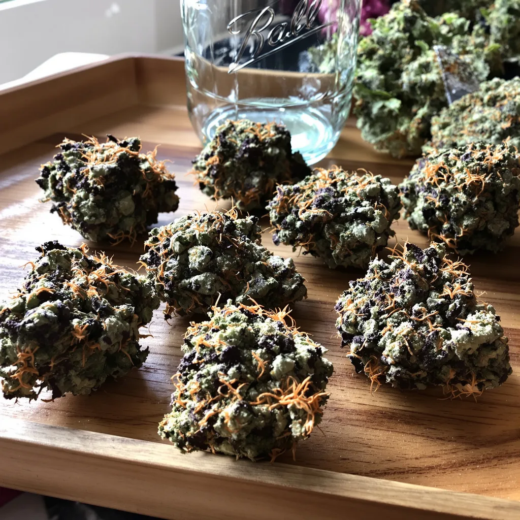 Ayahuasca Purple 73% indica / 27% sativa flower with visible trichomes