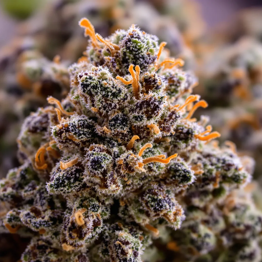 B-52 cannabis bud close-up showing dense purple-tinged calyxes