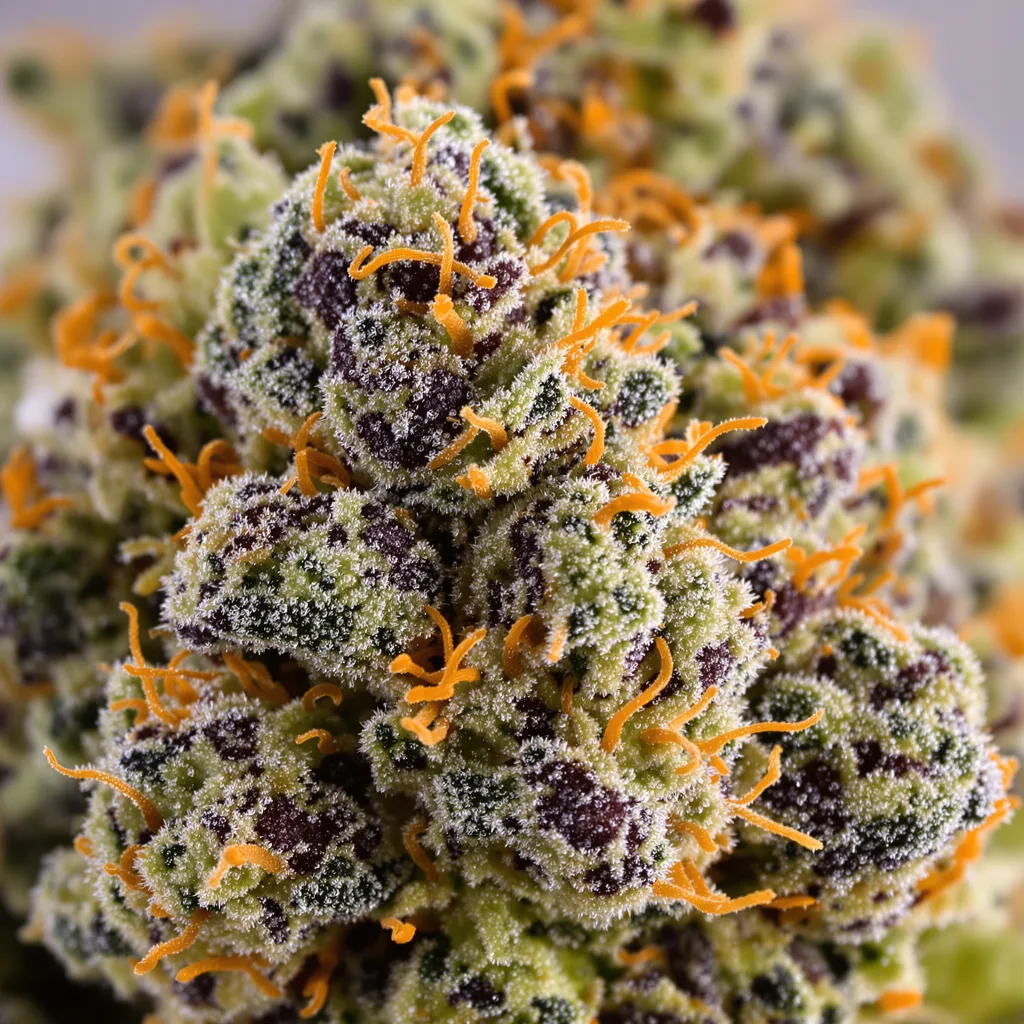 Badazz Cheese cannabis bud close-up showing dense purple-tinged calyxes