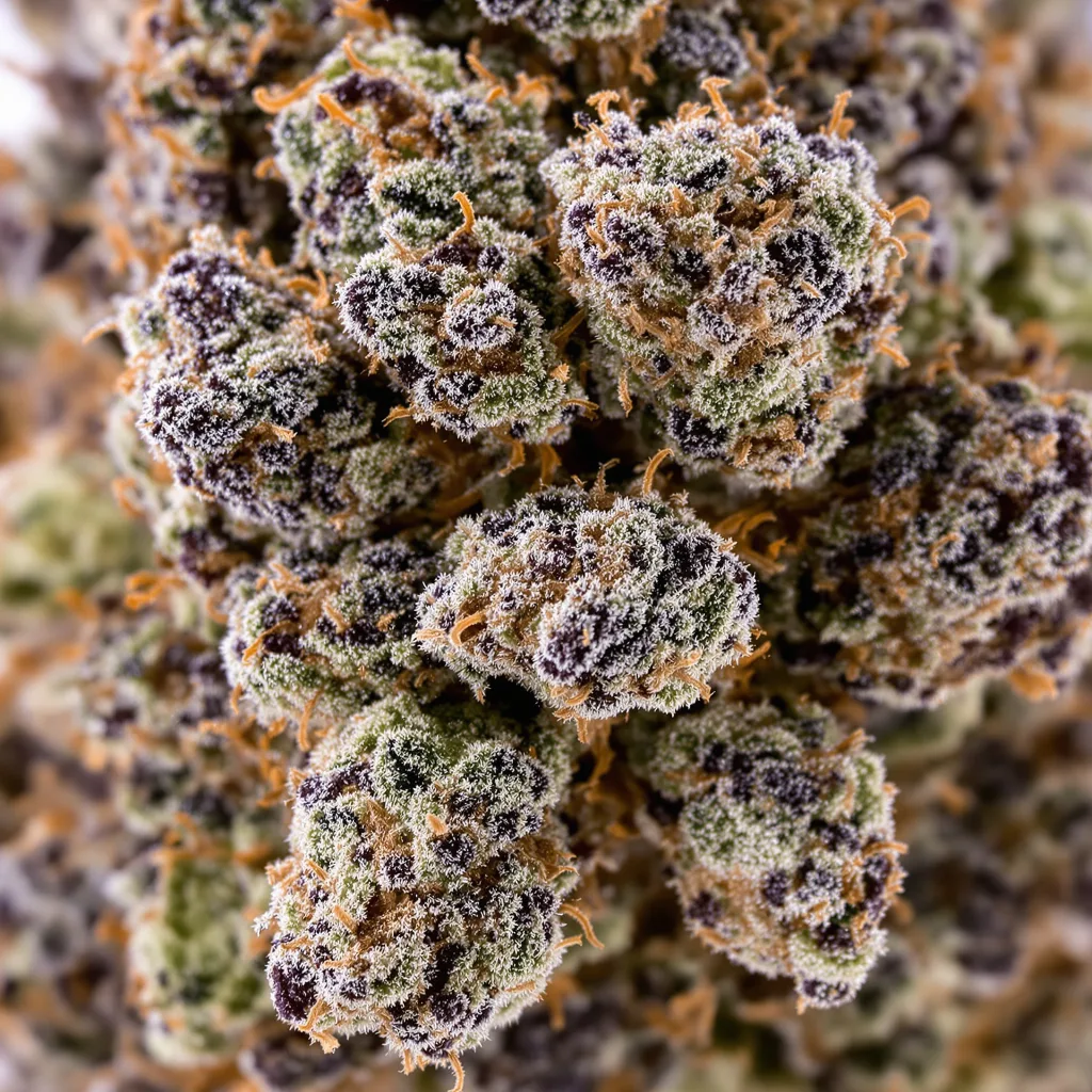 Batman OG cannabis bud close-up showing dense purple-tinged calyxes