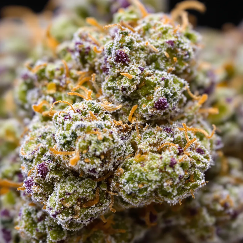 Bay 11 cannabis bud close-up showing balanced bud structure with frosted trichomes