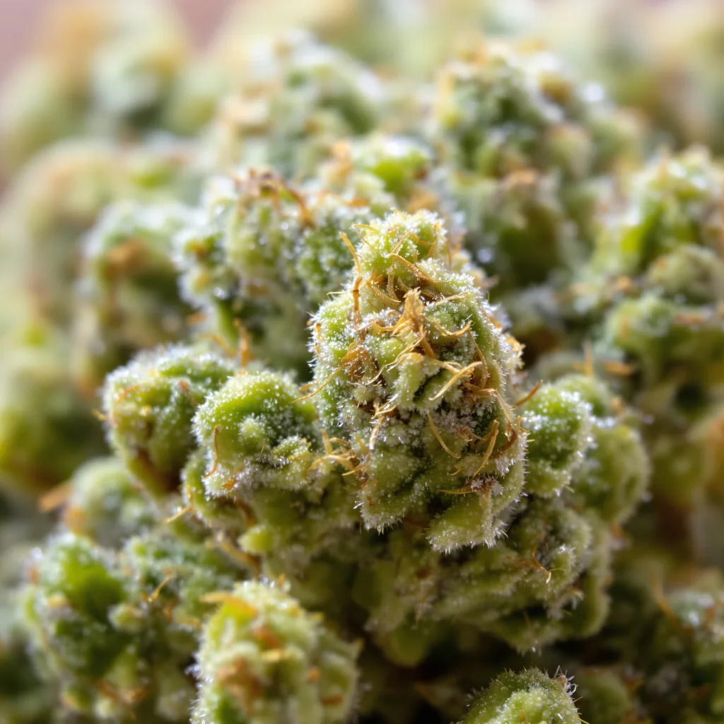Bear Dance cannabis bud close-up showing lime-green airy structure