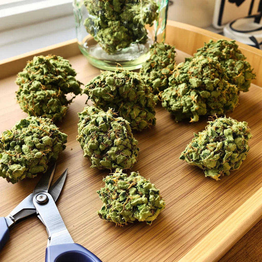 Bear Dance 17% indica / 83% sativa flower with visible trichomes