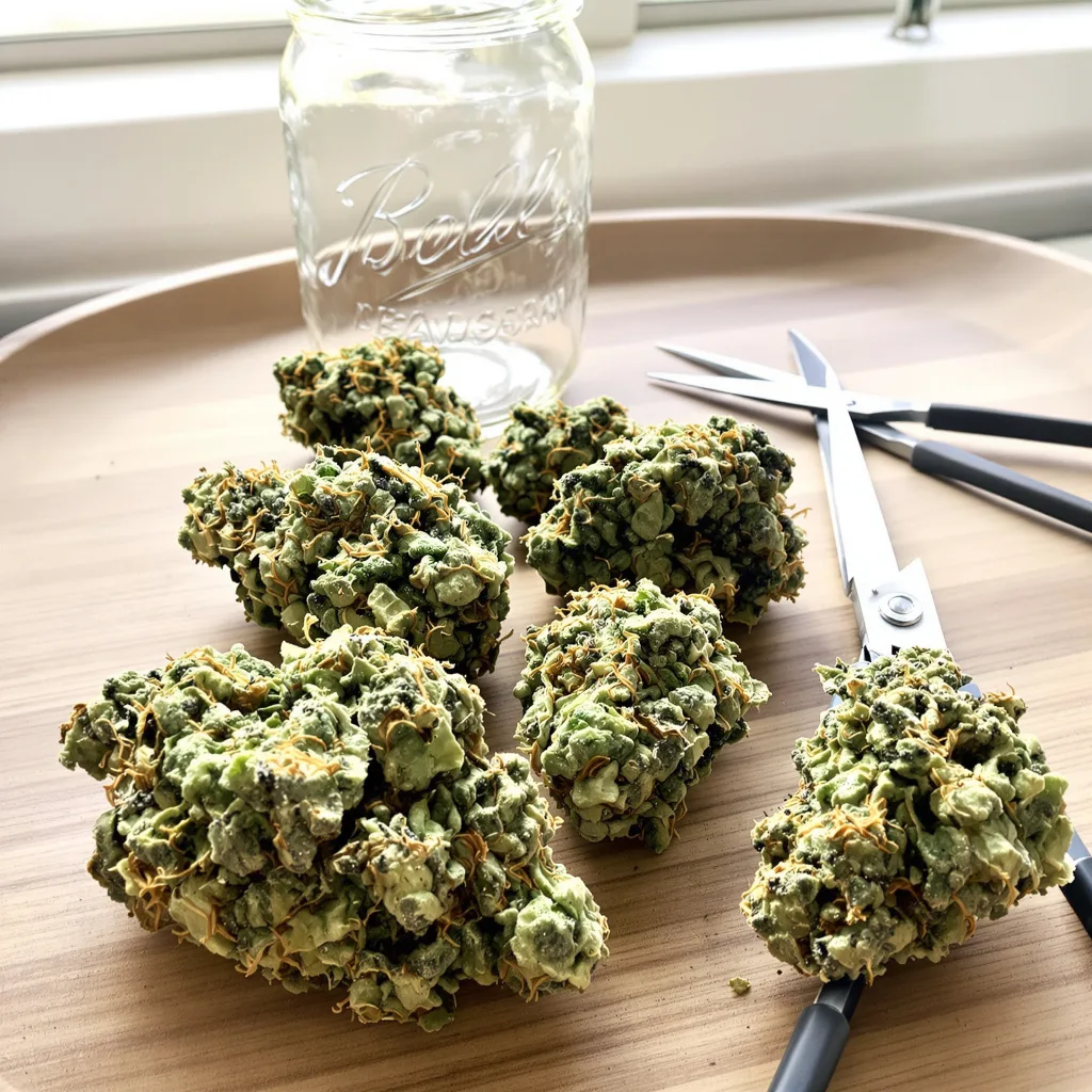 Berner's Cookies 25% indica / 75% sativa flower with visible trichomes