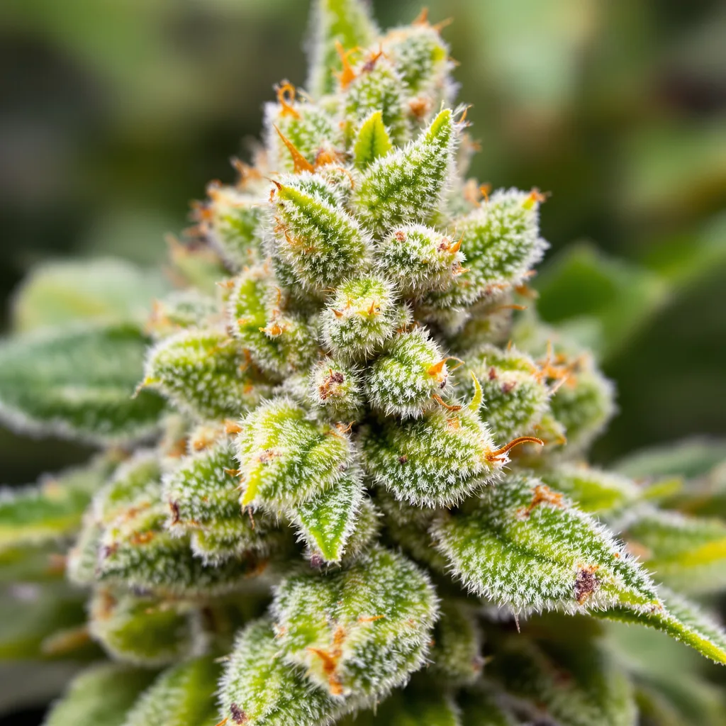 Berner's Cookies cannabis bud close-up showing lime-green airy structure