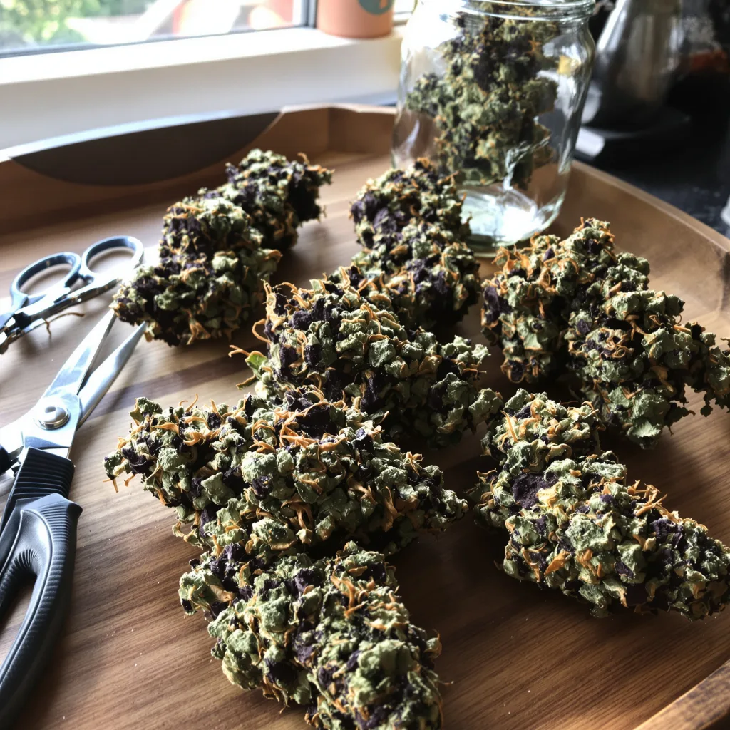 Berry White 73% indica / 27% sativa flower with visible trichomes