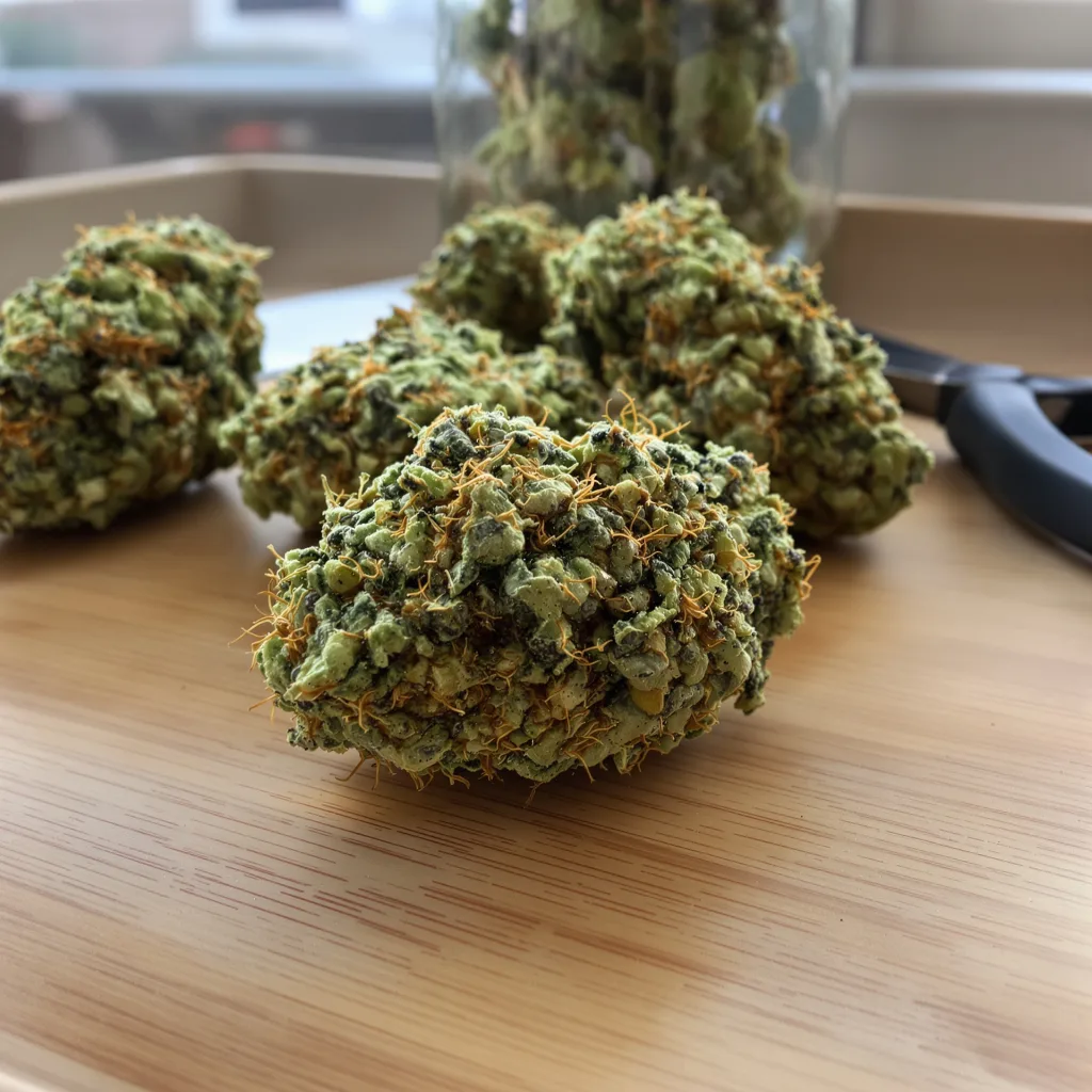Bianca 14% indica / 86% sativa flower with visible trichomes