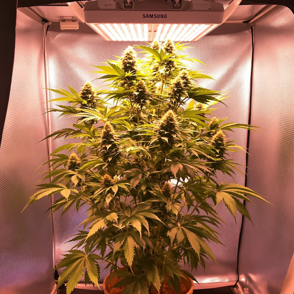 Bianca 14% indica / 86% sativa flower with visible trichomes