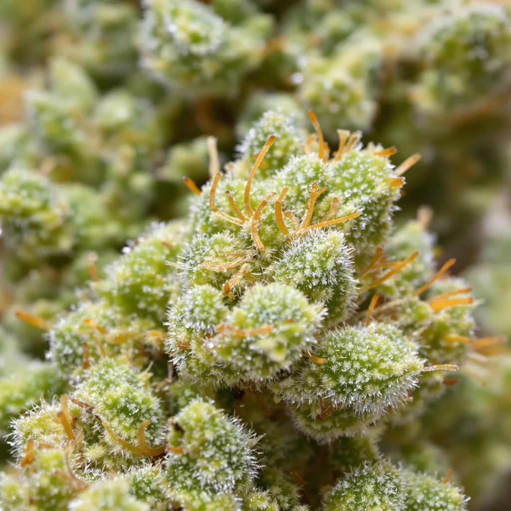 Bianca cannabis bud close-up showing lime-green airy structure
