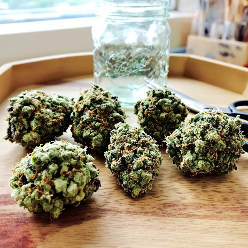 Big Bang 46% indica / 54% sativa flower with visible trichomes