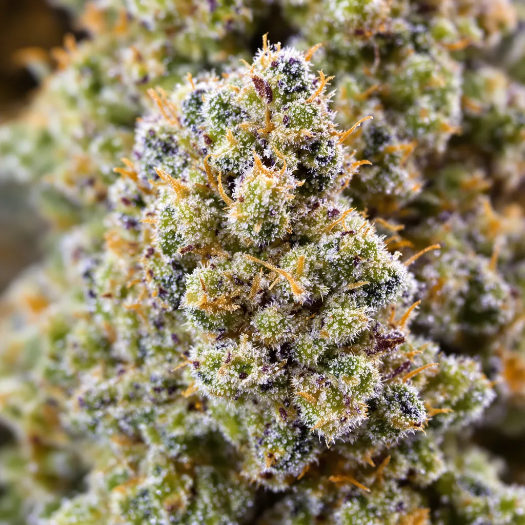 Big Bang cannabis bud close-up showing balanced bud structure with frosted trichomes