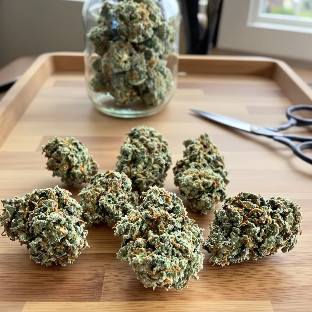Big Blue 56% indica / 44% sativa flower with visible trichomes