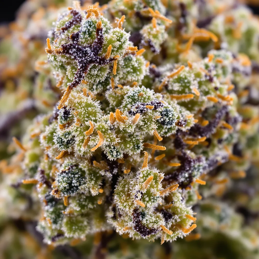 Big Blue cannabis bud close-up showing balanced bud structure with frosted trichomes