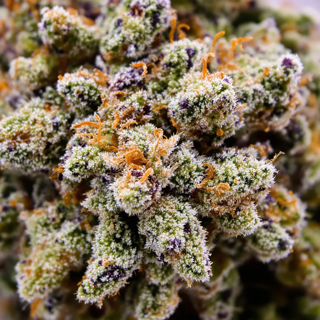 Big Blue cannabis bud close-up showing balanced bud structure with frosted trichomes
