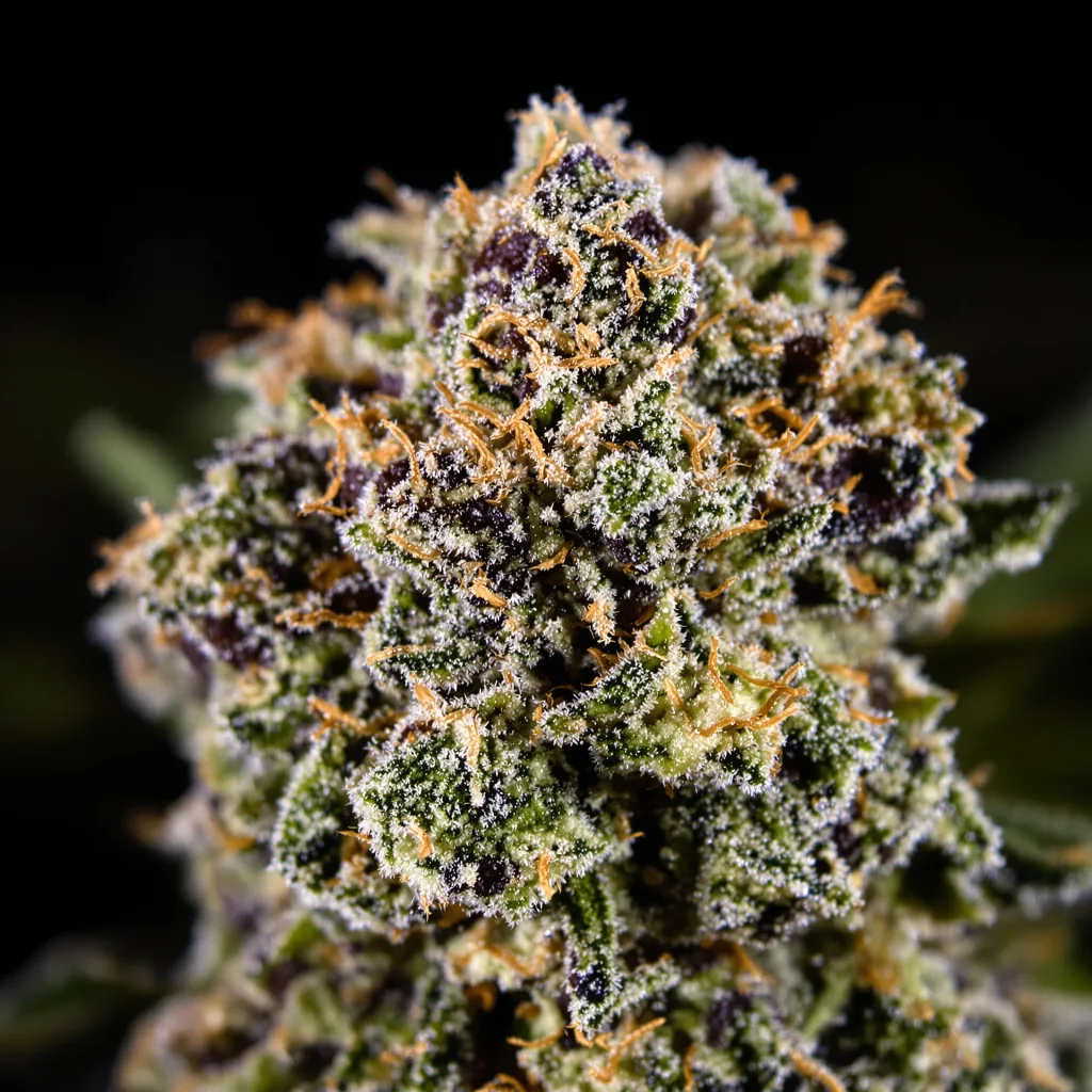 Big Cheese cannabis bud close-up showing dense purple-tinged calyxes