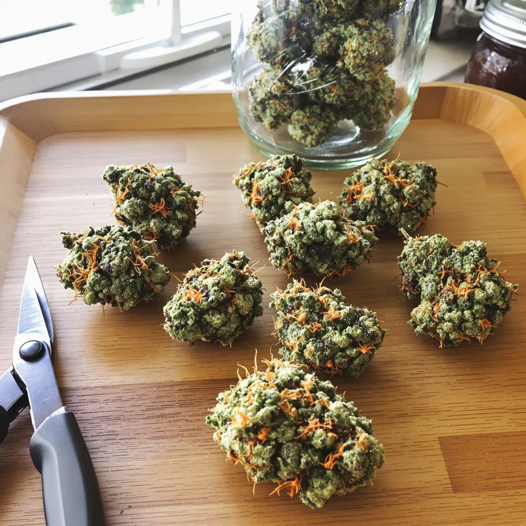 Big Devil 44% indica / 56% sativa flower with visible trichomes