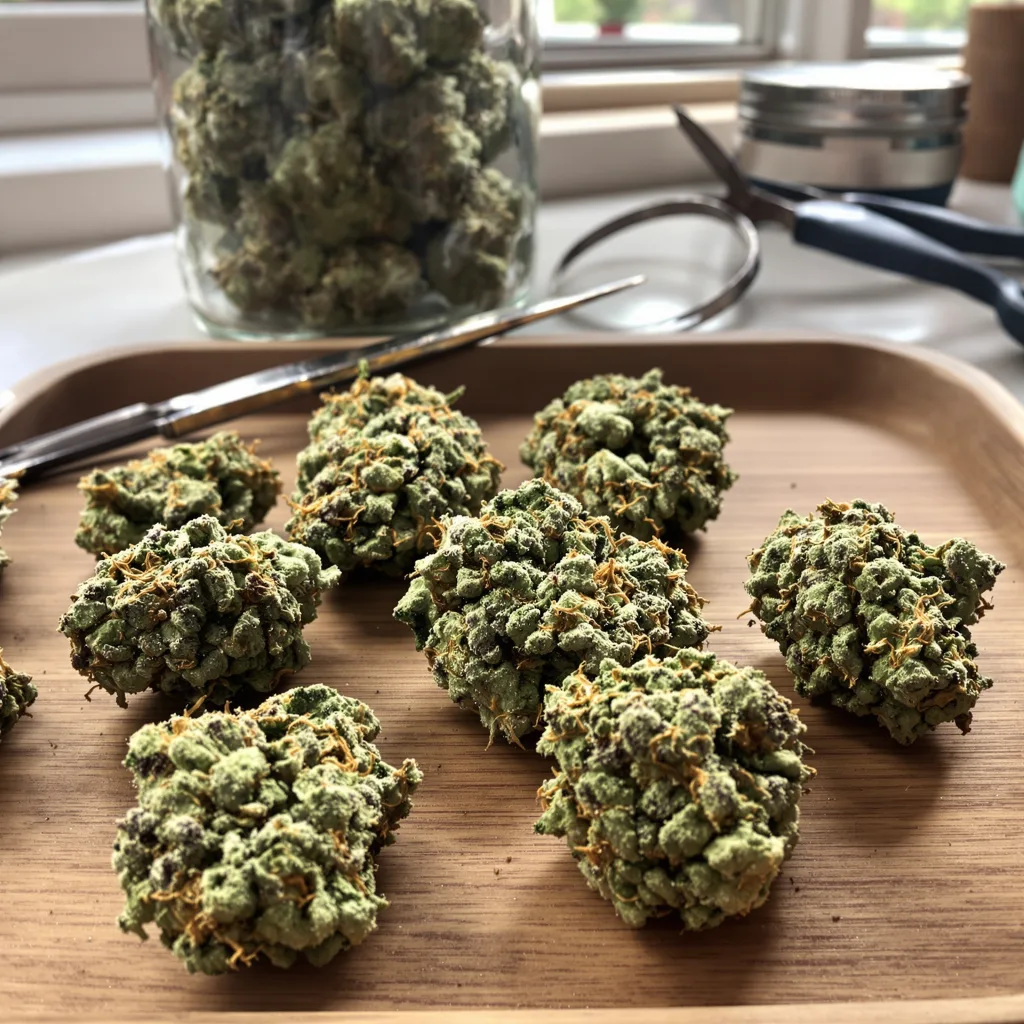 Big Devil 44% indica / 56% sativa flower with visible trichomes