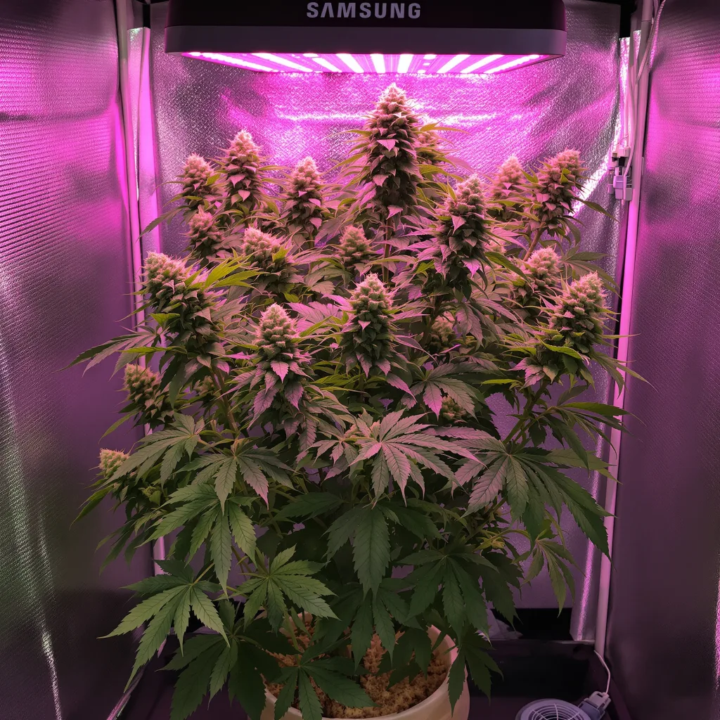Big Devil 44% indica / 56% sativa flower with visible trichomes
