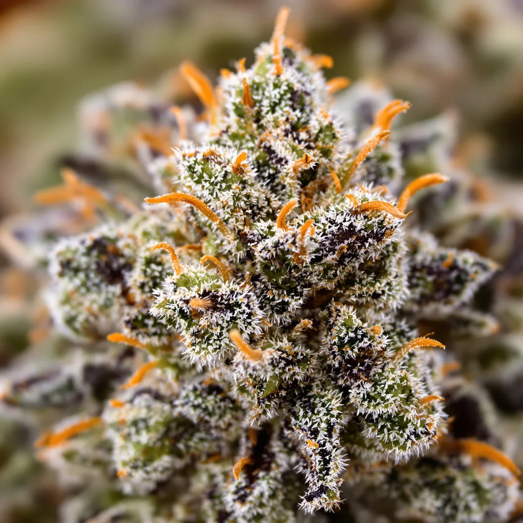 Biscotti cannabis bud close-up showing dense purple-tinged calyxes