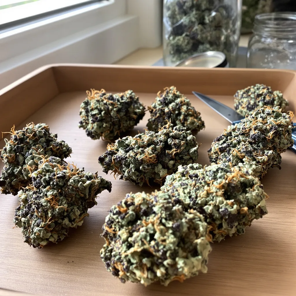 Black 84 86% indica / 14% sativa flower with visible trichomes