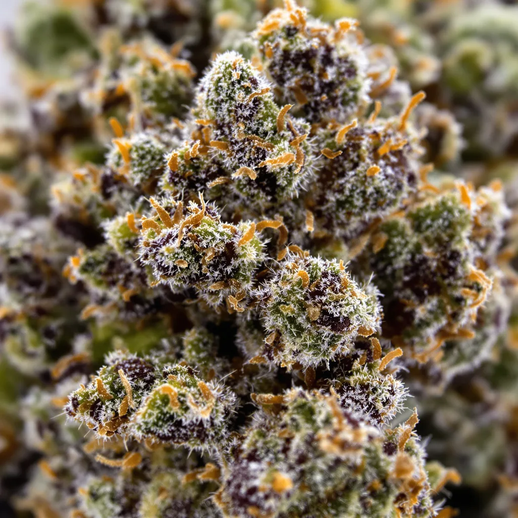 Black 84 cannabis bud close-up showing dense purple-tinged calyxes