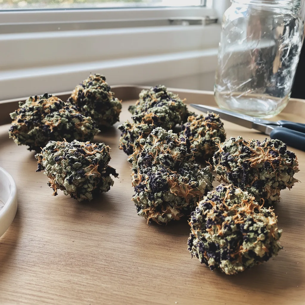 Black Bubba 69% indica / 31% sativa flower with visible trichomes