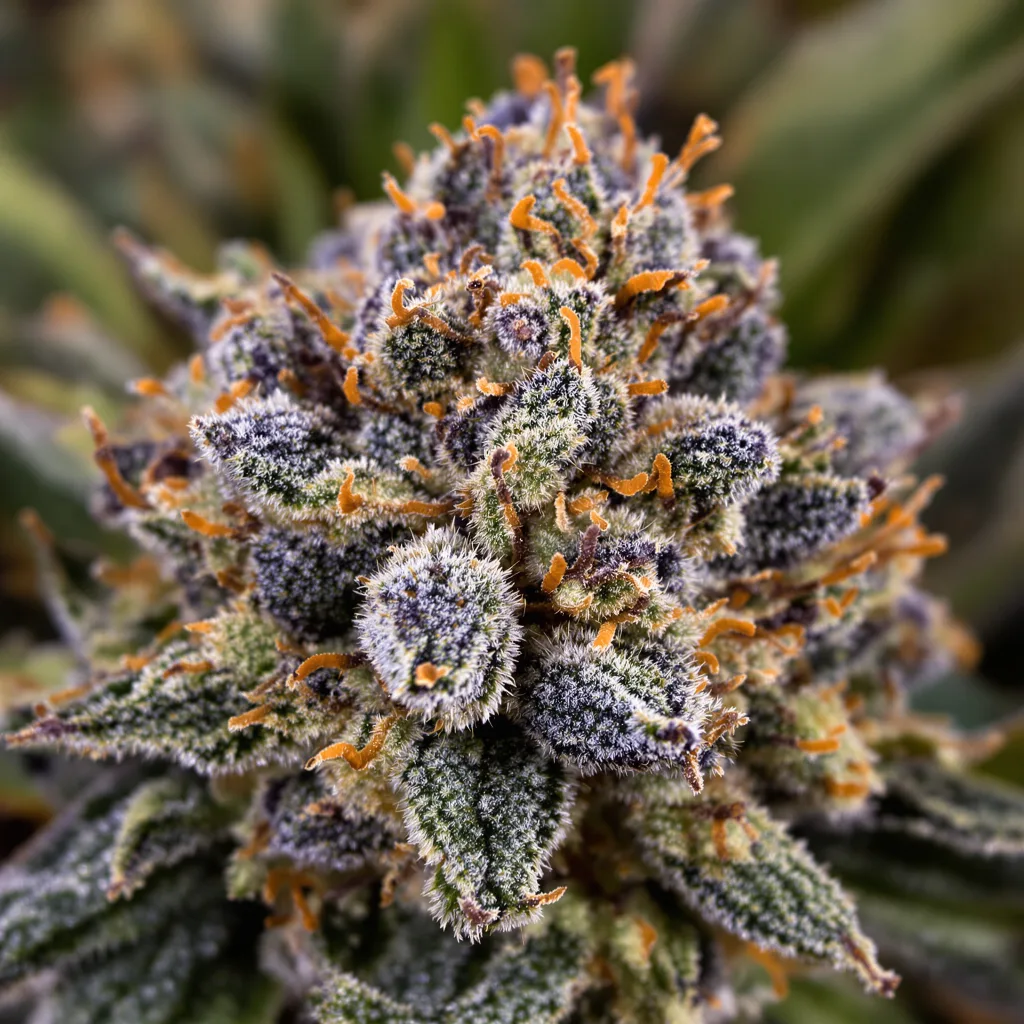 Black Bubba cannabis bud close-up showing dense purple-tinged calyxes