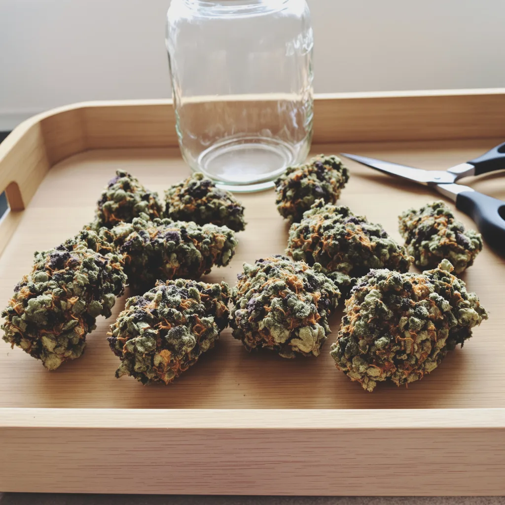 Black Cherry 79% indica / 21% sativa flower with visible trichomes