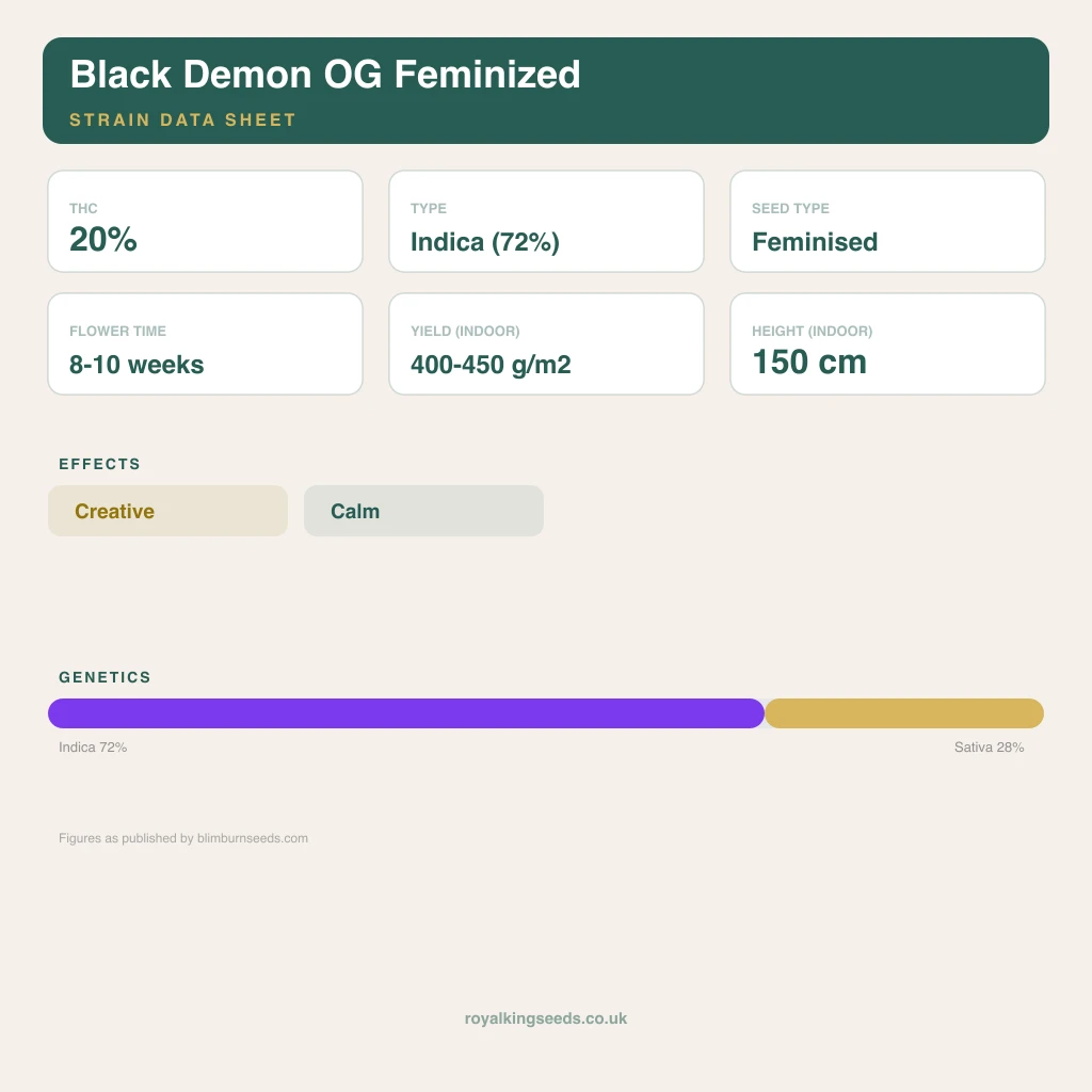 Black Demon OG 72% indica / 28% sativa flower with visible trichomes