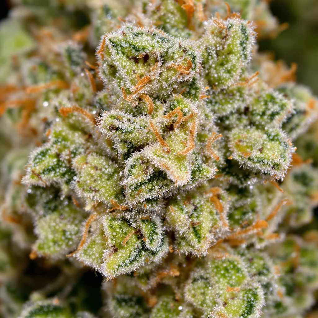 Black Jack cannabis bud close-up showing lime-green airy structure