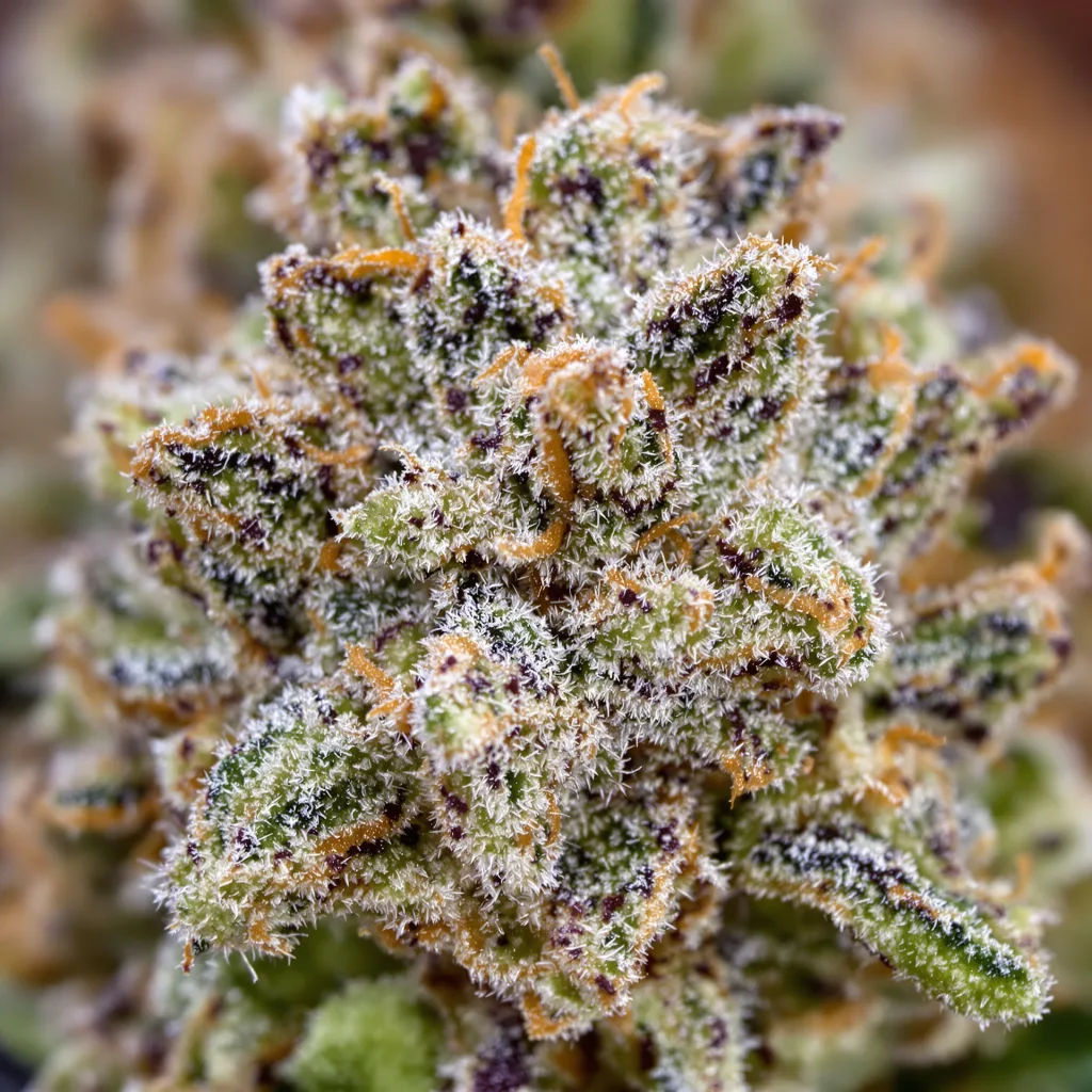 Black Russian cannabis bud close-up showing balanced bud structure with frosted trichomes