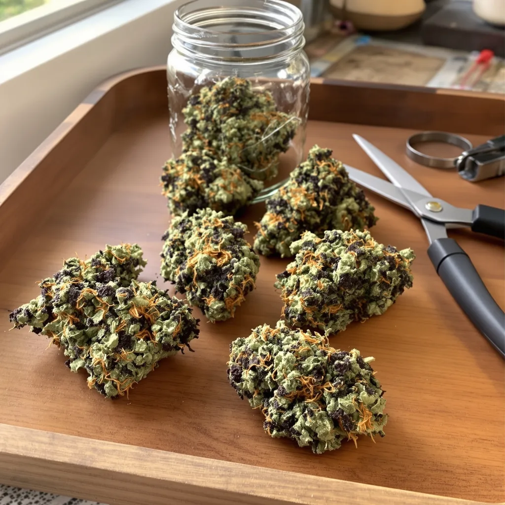 Black Widow 86% indica / 14% sativa flower with visible trichomes