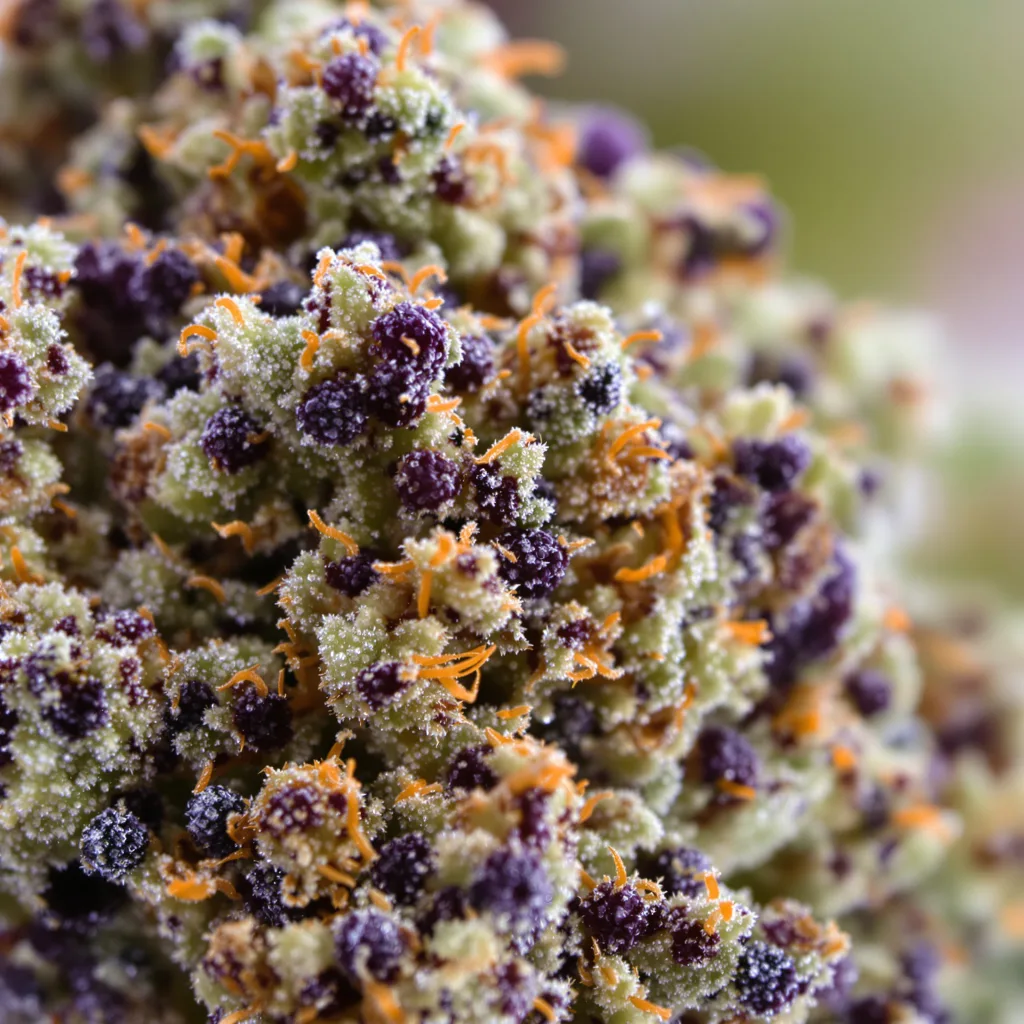 Blackberry Kush cannabis bud close-up showing dense purple-tinged calyxes
