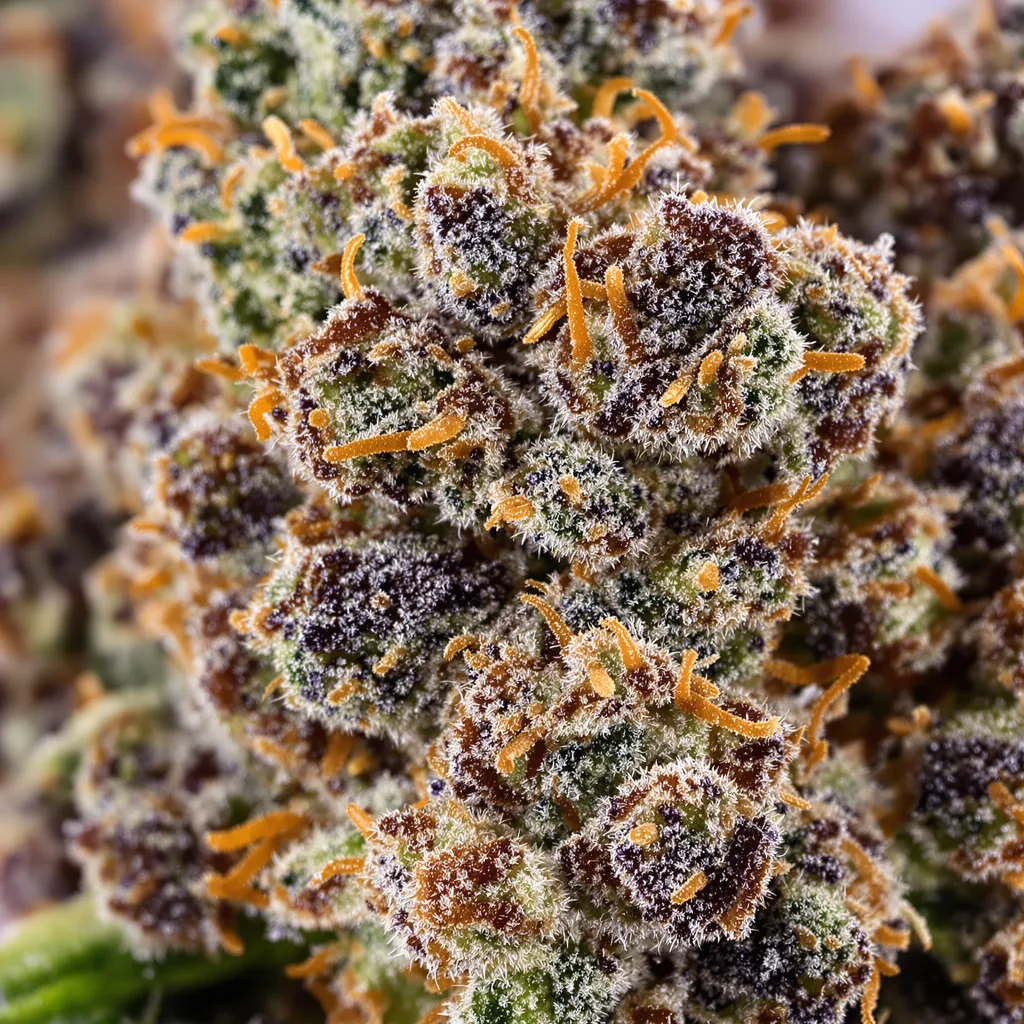 Blue Alien cannabis bud close-up showing dense purple-tinged calyxes