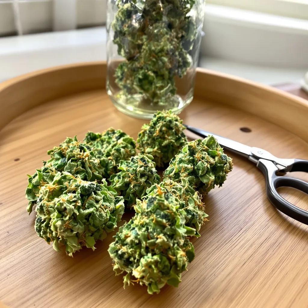 Blue Amnesia 10% indica / 90% sativa flower with visible trichomes