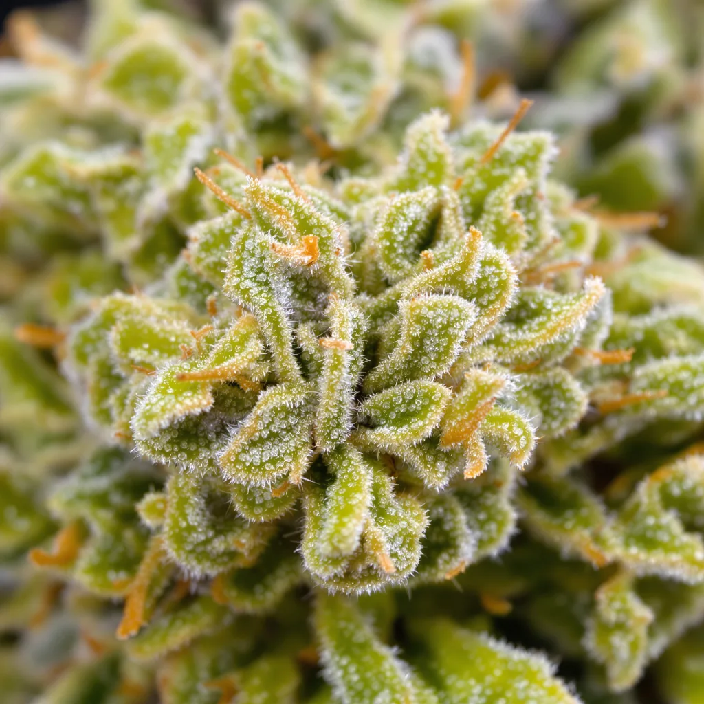 Blue Amnesia cannabis bud close-up showing lime-green airy structure