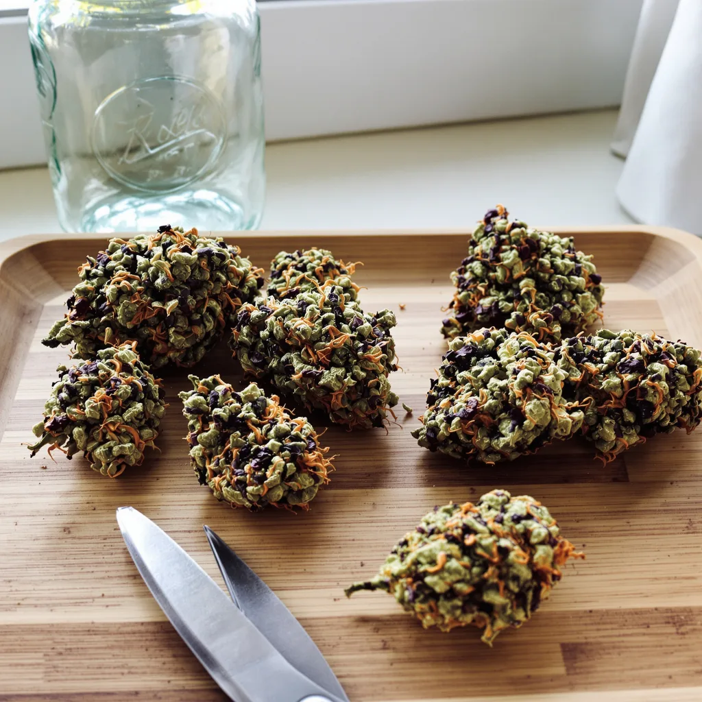 Blue Biscotti 75% indica / 25% sativa flower with visible trichomes