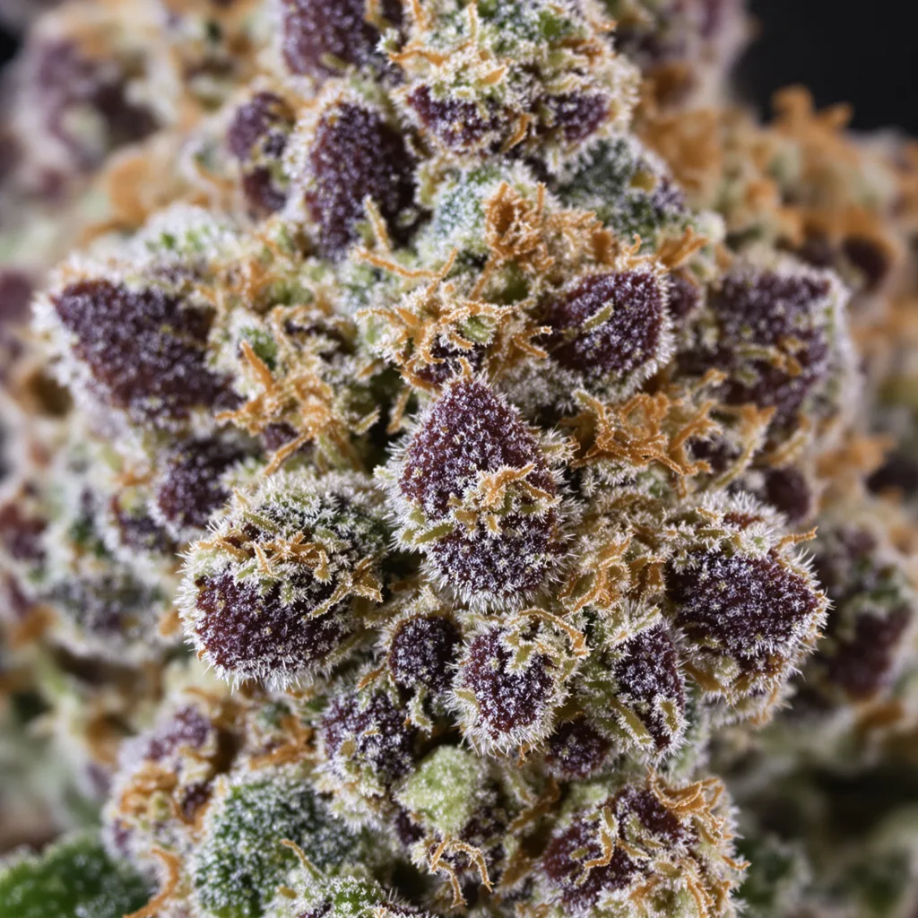 Blue Biscotti cannabis bud close-up showing dense purple-tinged calyxes