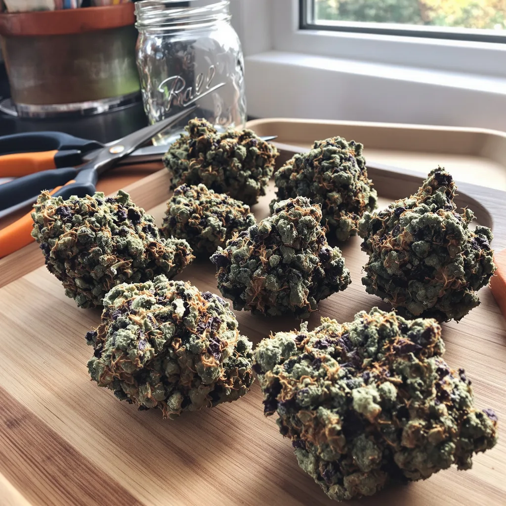 Blue Blood 72% indica / 28% sativa flower with visible trichomes