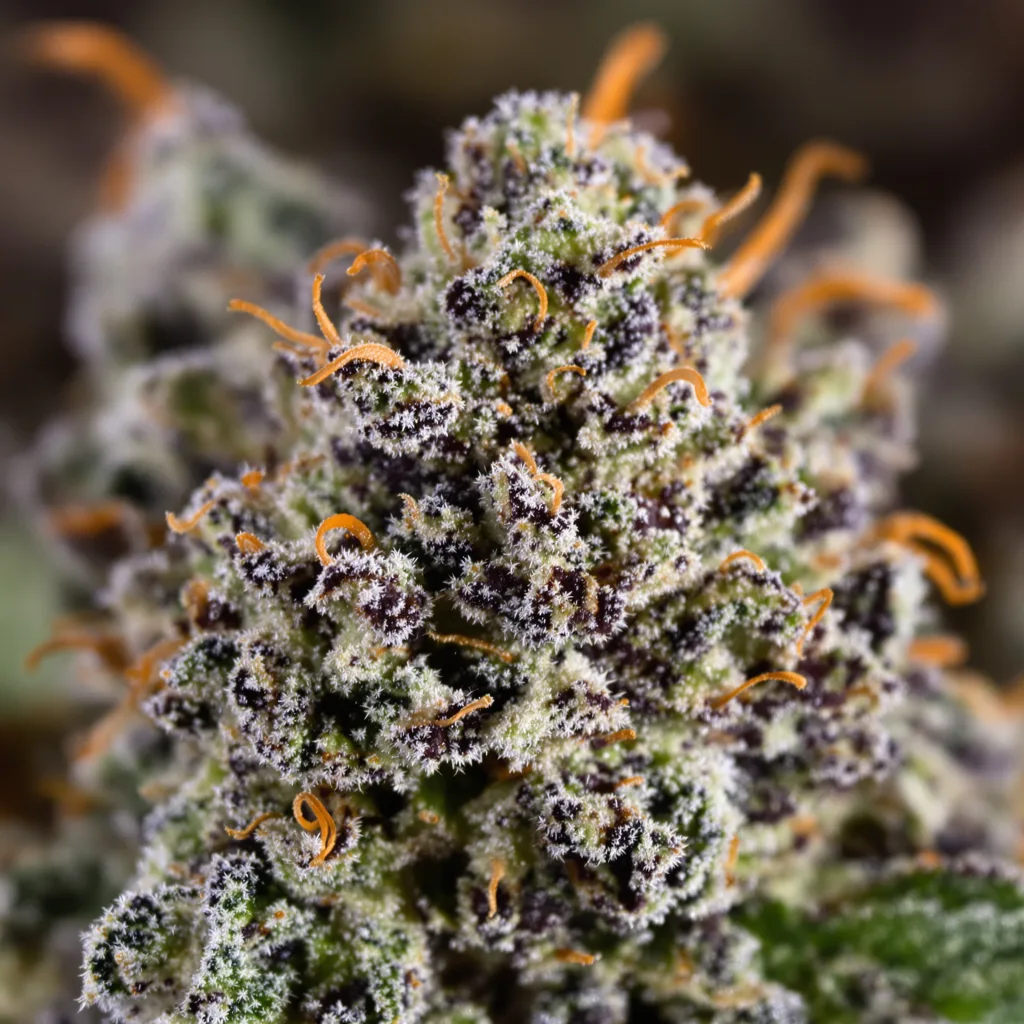 Blue Buddha cannabis bud close-up showing dense purple-tinged calyxes