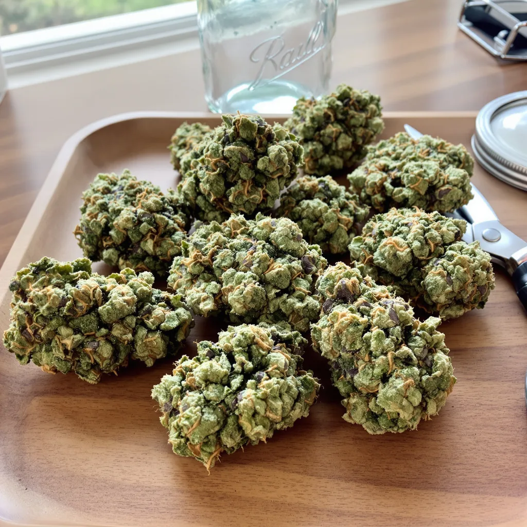 Blue Cheese 60% indica / 40% sativa flower with visible trichomes