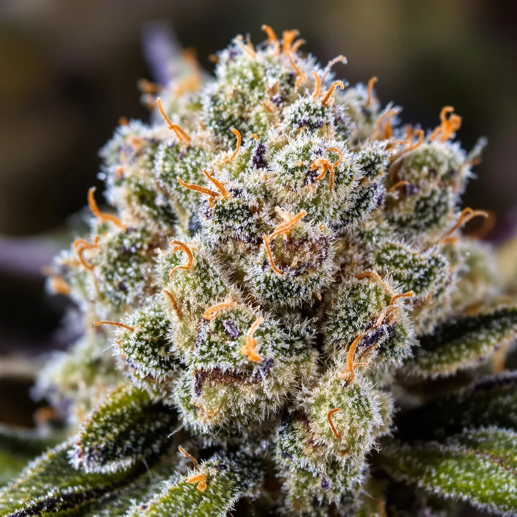 Blue Cheese cannabis bud close-up showing dense forest-green nugs