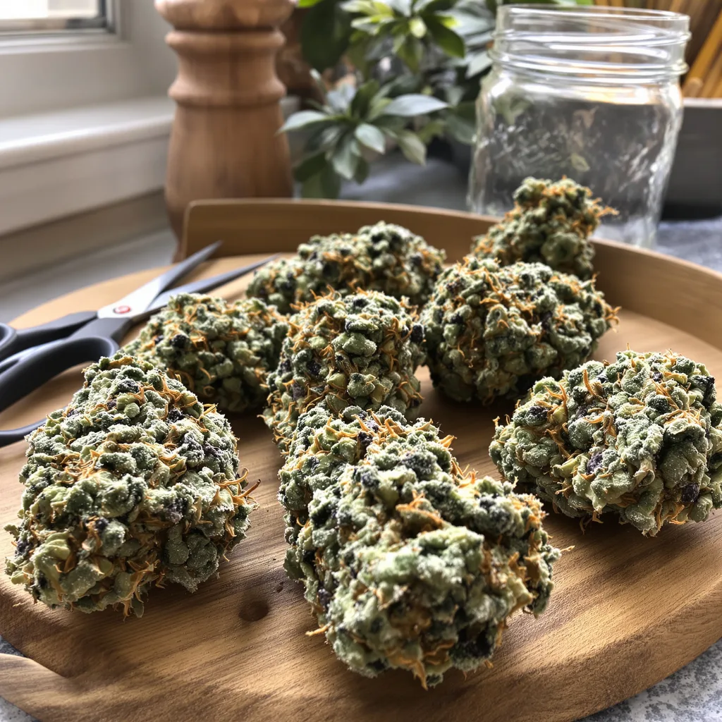 Blue Cheese 60% indica / 40% sativa flower with visible trichomes