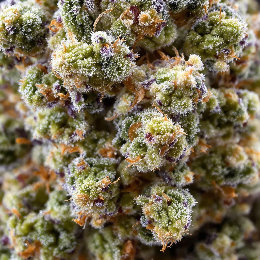Blue Cheese cannabis bud close-up showing dense forest-green nugs