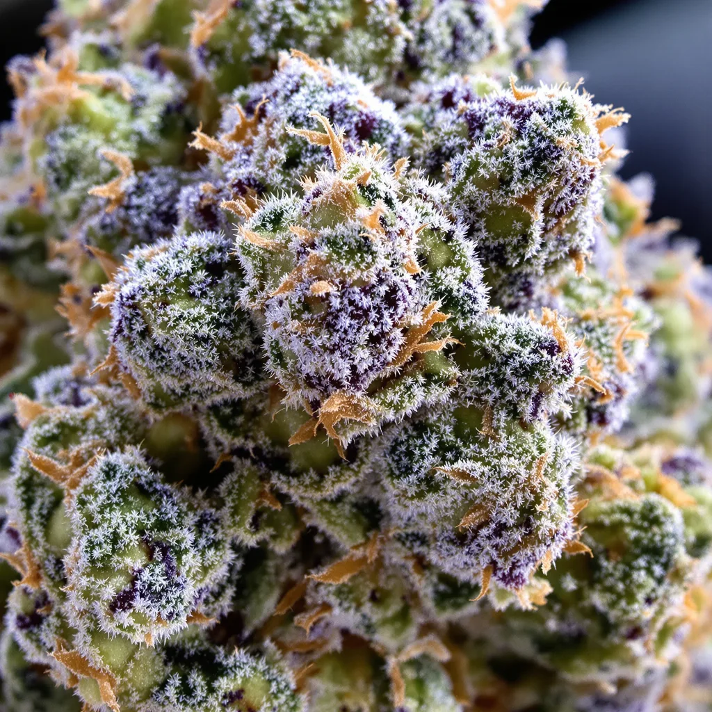 Blue Cookies cannabis bud close-up showing dense forest-green nugs