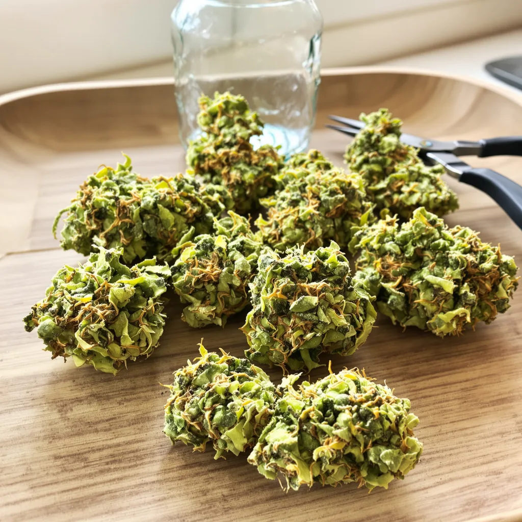 Blue Diamond 14% indica / 86% sativa flower with visible trichomes