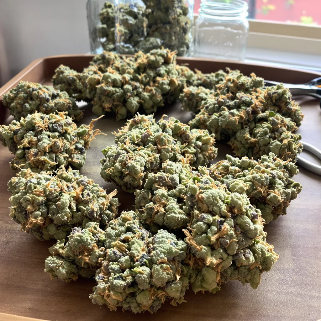 Blue Dragon 61% indica / 39% sativa flower with visible trichomes